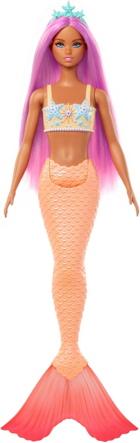 Barbie Muñeca Sirena con Cabello de fantasía Rosa y Diadema, Juguete con corpiño con Estrellas de mar y Cola de Color Na