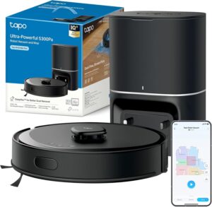 Tapo RV30 MAX Plus-Robot Aspirador Fregasuelos, Base Autolimpieza, 5300Pa Depósito 3L. Vaciado Automático. Navegación LiDAR+IMU. Detección de Obstáculos. Múltiples Funcion de Fregado. App Tapo