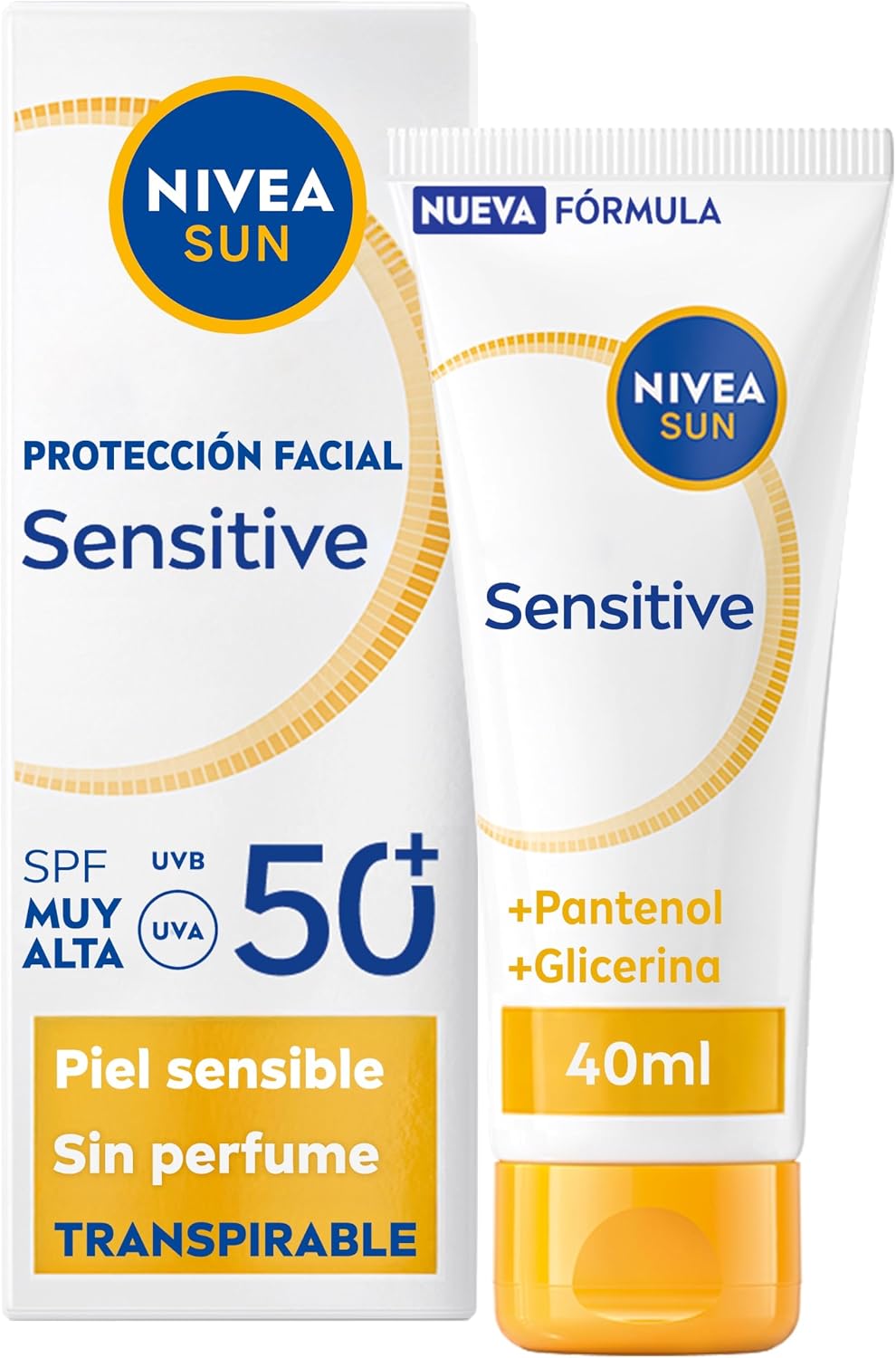 NIVEA SUN Sensitive Protección Facial SPF50+ - Crema solar facial - 3x Protección UV Trans