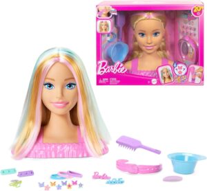 Barbie Busto para peinar, pelo rubio con más de 20 accesorios para hacer peinados, incluye pinzas para el pelo con forma de estrella y marip