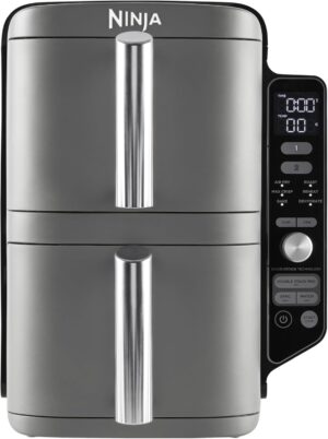 Ninja Double Stack XL Freidora de aire, 9,5 l, Doble cesta vertical, 4 niveles de cocción, 2 cestas y 2 rejillas, diseño para ahorrar más espacio, 6 funciones de cocción, 8 porciones, en gris, SL400EU