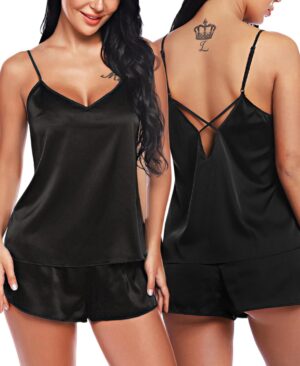 RSLOVE Pijamas de Mujer Cuello en V Satén Lencería Sexy Cami y Pantalones Cortos Conjunto de Pijamas de Seda