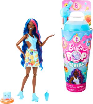 Barbie Pop! Reveal Serie Frutas Ponche de Frutas Muñeca Que Revela Sus Colores con Vaso, Incluye Ropa, Mascotas y Accesorios Sorpresa, Jugue