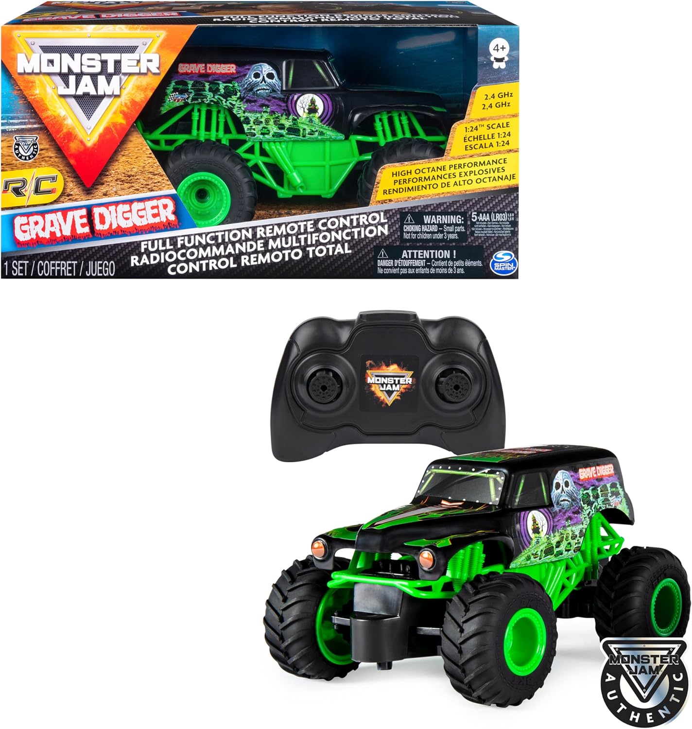 Monster Jam - Coche Teledirigido Grave Digger - Coche RC Grave Digger a Escala 1:24-2.4GHZ hasta 76m - Juguetes Niños 4 Años +