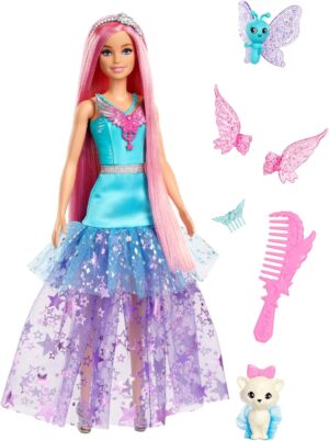 Barbie Muñeca Malibú Hada con Dos Mascotas fantasía, Pelo Rosa, Accesorios para peinar, alas y Vestido de Estr