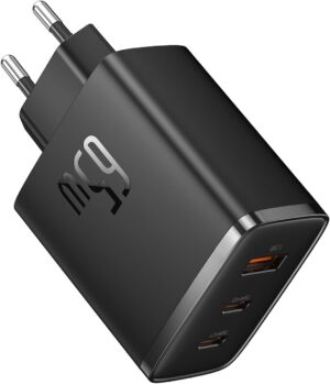 Baseus 65 W Cargador USB C GAN, Cargador Rapido Multipuerto 2 USB C y USB A, Compatible con Samsung