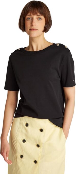 Tommy Hilfiger Camiseta de Manga Corta Mujer Stripe Gold con Botones