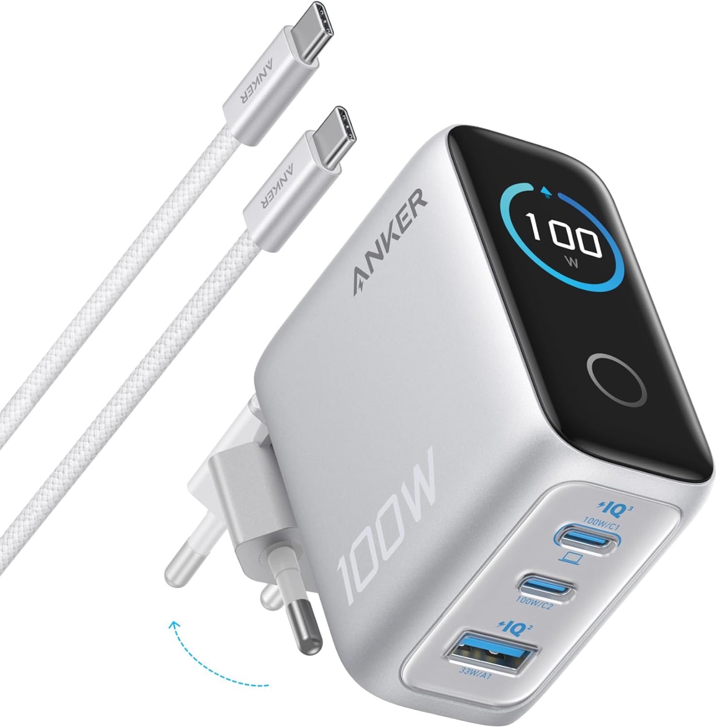 Anker Cargador USB C 100W 3 Puertos GaN