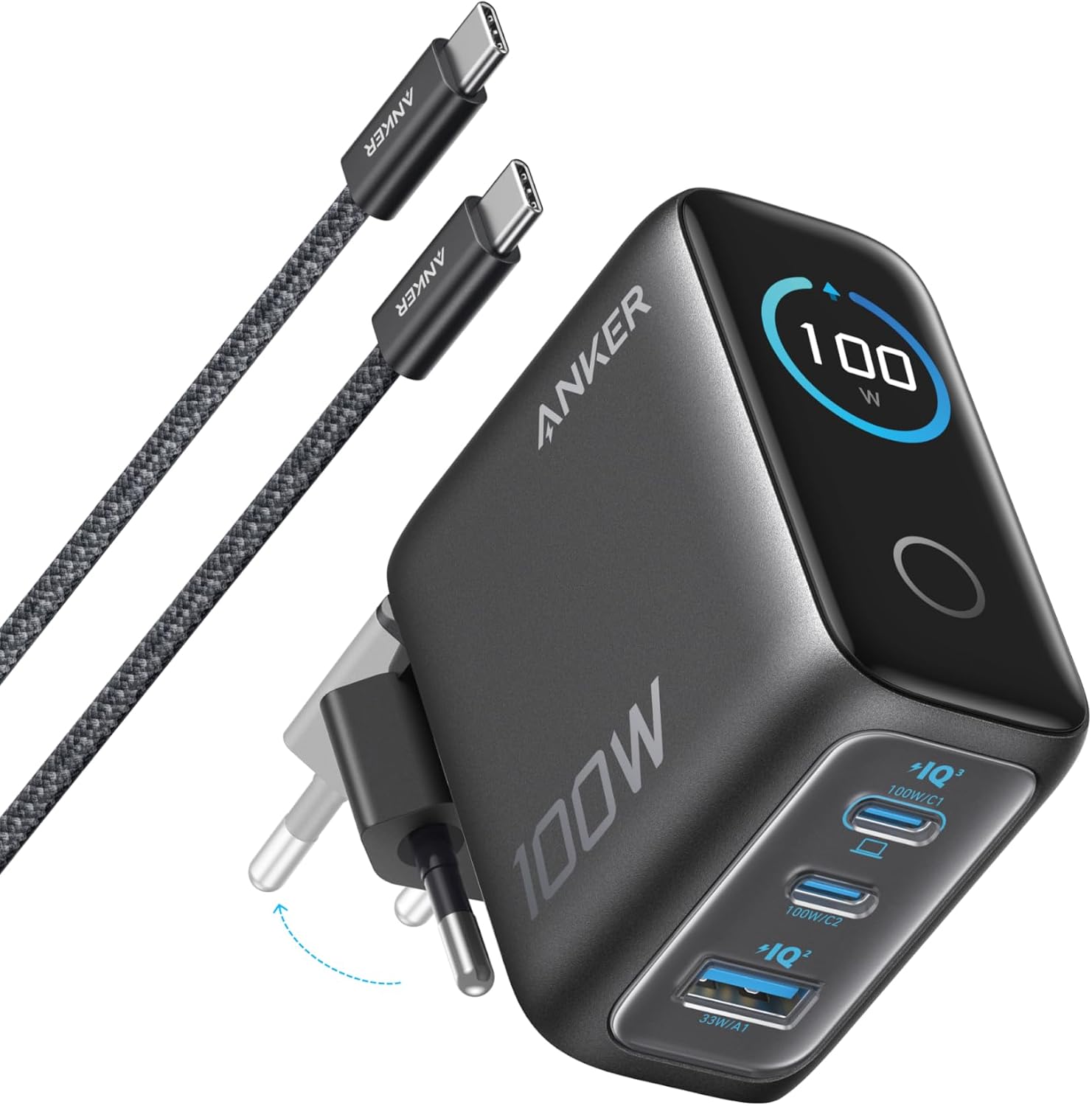 Anker Cargador Carga Rapida USB C 100 W con 3 Puertos GAN