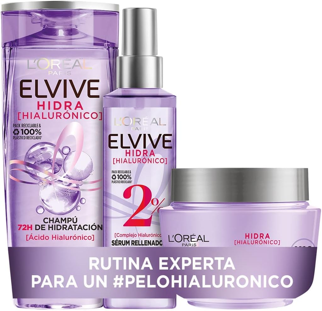 L'Oréal Paris Elvive Hidra Hialurónico Champú, Mascarilla y Sérum, Pack de 3