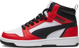 PUMA Rebound V6 Mid Jr Zapatillas Unisex Niños, blanco, negro y rojo