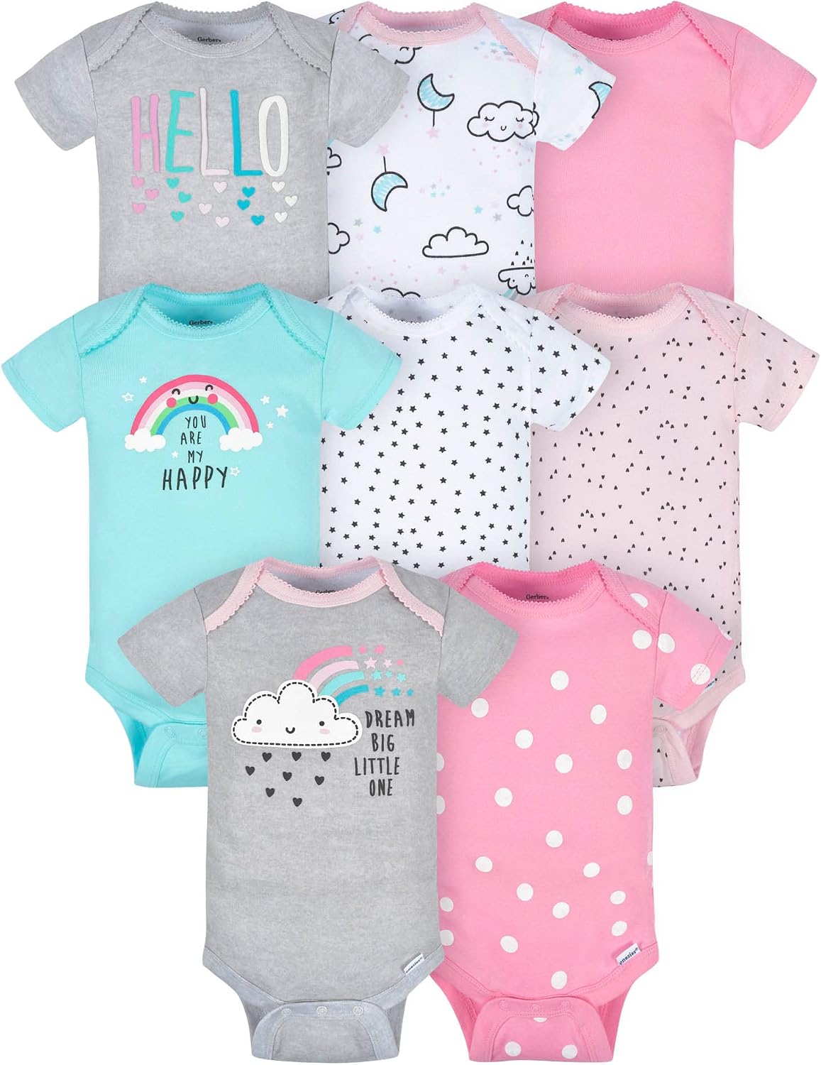Gerber juego de 8 bodis de manga corta para bebé niña, diseño de nubes