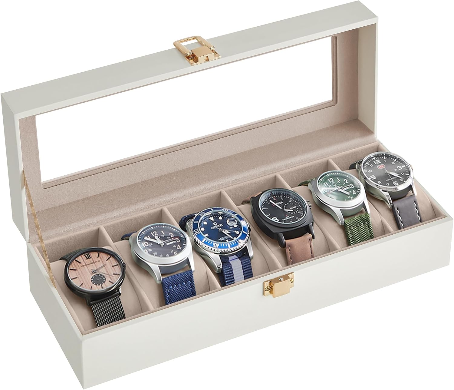 SONGMICS caja de relojes de 6 compartimentos con tapa de cristal