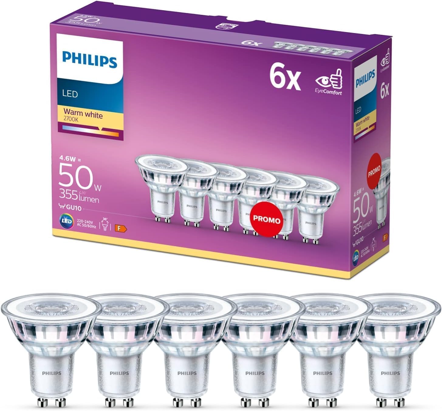 Philips Classic Foco LED PAR16 GU10 2700K 355 lm, pack de 6