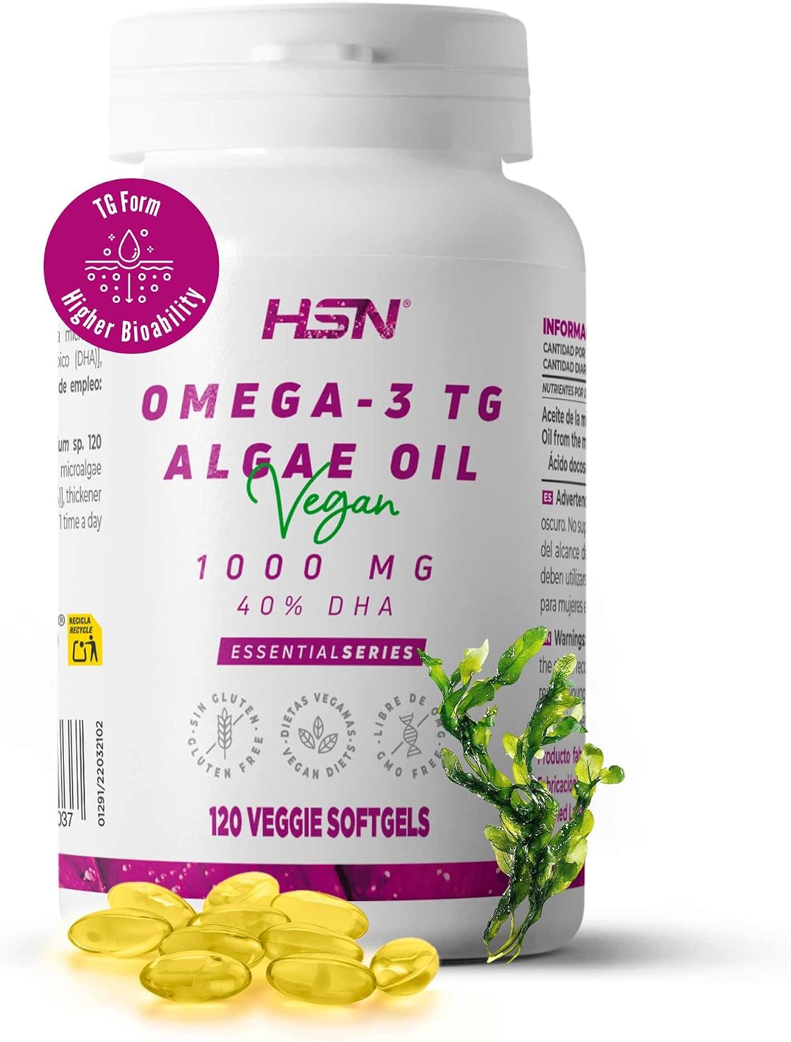 HSN Omega 3 Vegano 400 mg DHA, 120 perlas vegetales