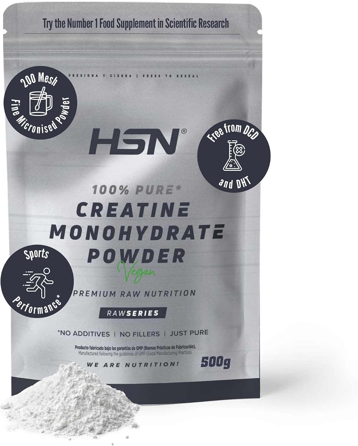 HSN Creatina Monohidrato en polvo 200 mesh, sin sabor, 500 g