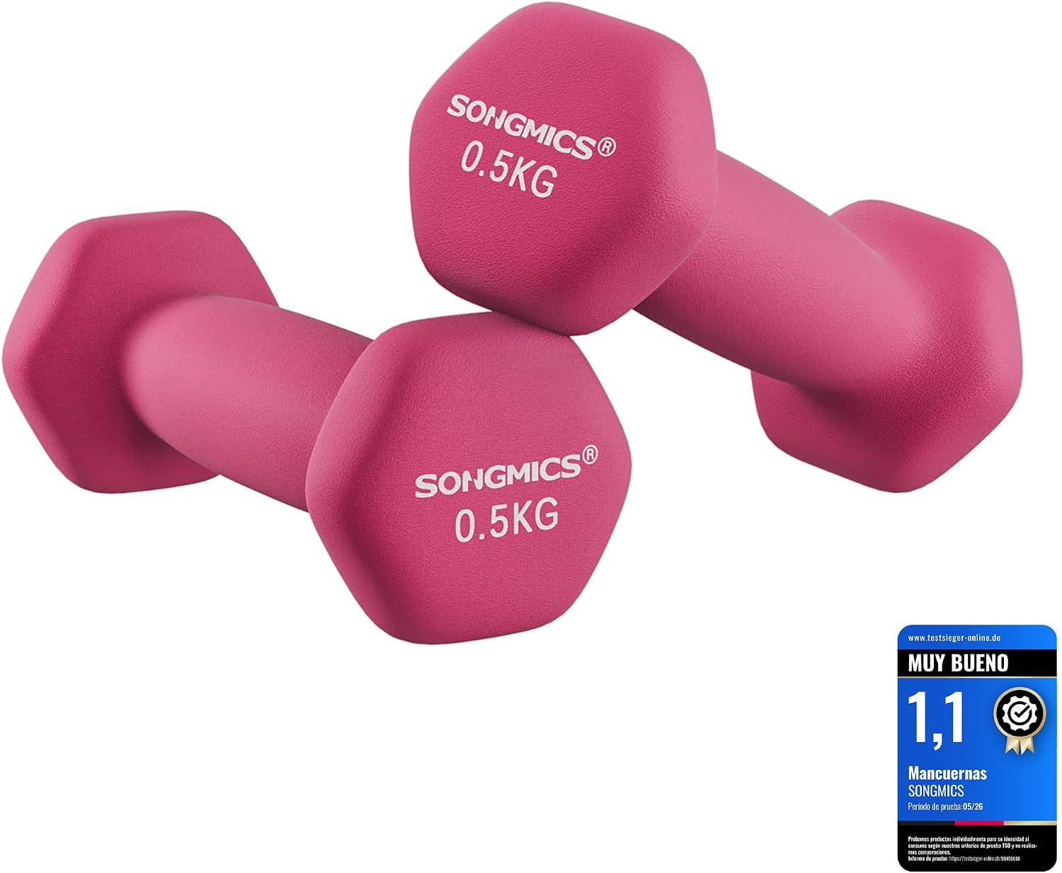 SONGMICS Juego de 2 mancuernas hexagonales de 0,5 kg con vinilo, rosa neón