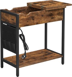 VASAGLE Mesa auxiliar Barnet con multienchufe y puertos USB, marrón rústico y negro