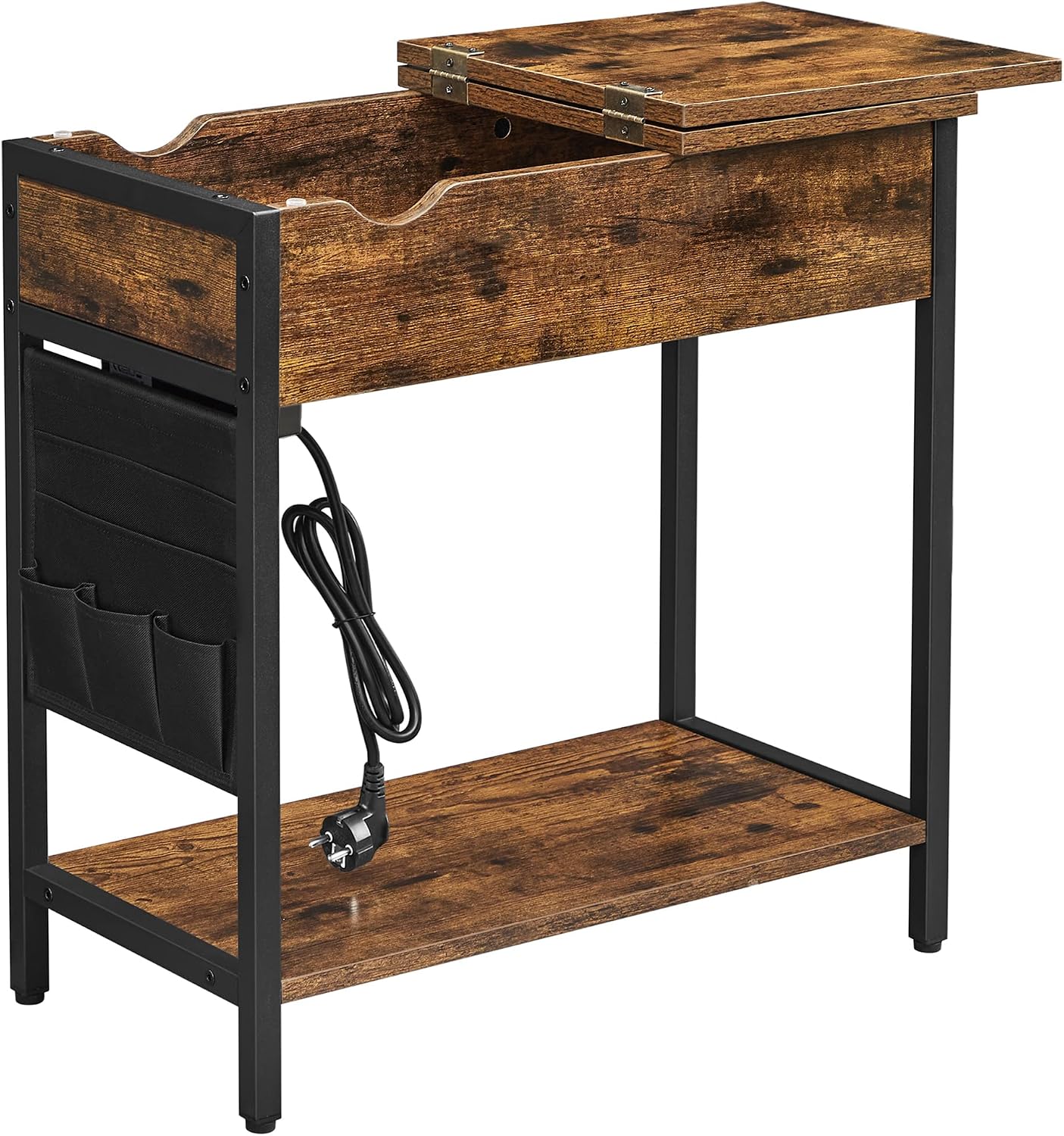 VASAGLE Mesa auxiliar Barnet con multienchufe y puertos USB, marrón rústico y negro