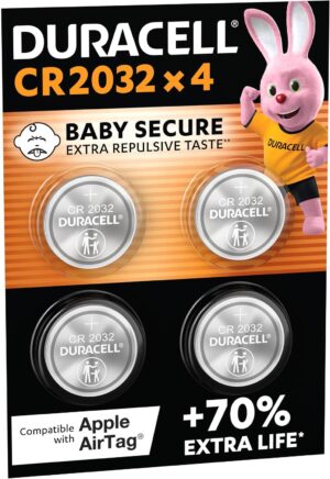 DURACELL 2032 Pilas de botón de litio CR2032 3V, paquete de 4