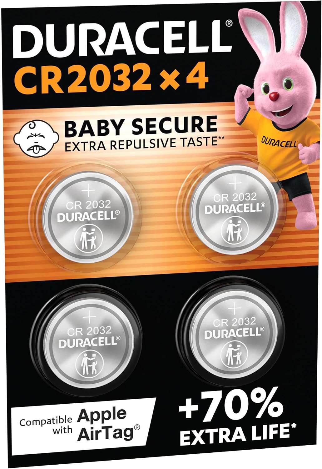 DURACELL 2032 Pilas de botón de litio CR2032 3V, paquete de 4